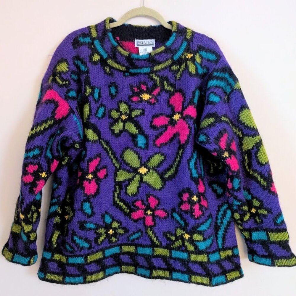 Vintage VARIATIONs Purple Colorful Floral Mohair Blend Sweater Jumper Women's L